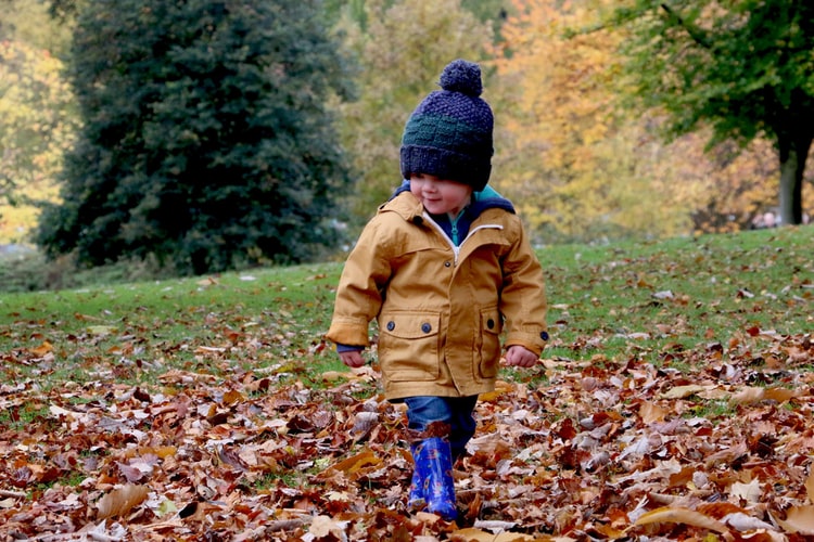 boy walking through leaves